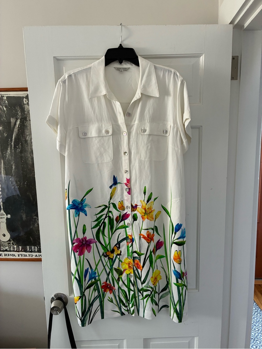 John Mark White Floral Border Shirt Dress